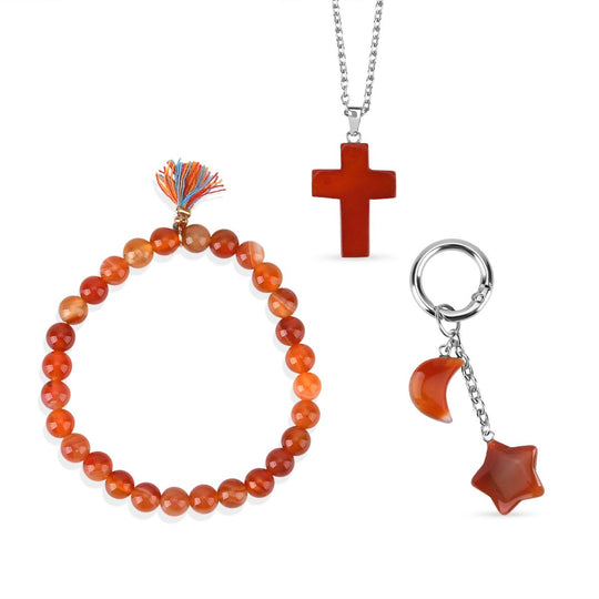 3er Set Rosenquarz Schmuckset mit Schlüsselanhänger Armband und Halskette