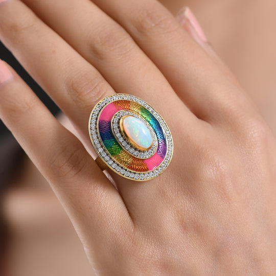 D'Joy AA Natürlicher, äthiopischer Welo Opal, Weißer Zirkon Ring 925 Silber 750 Gelbgold Vermeil (Größe 19.00) ca. 2.35 ct
