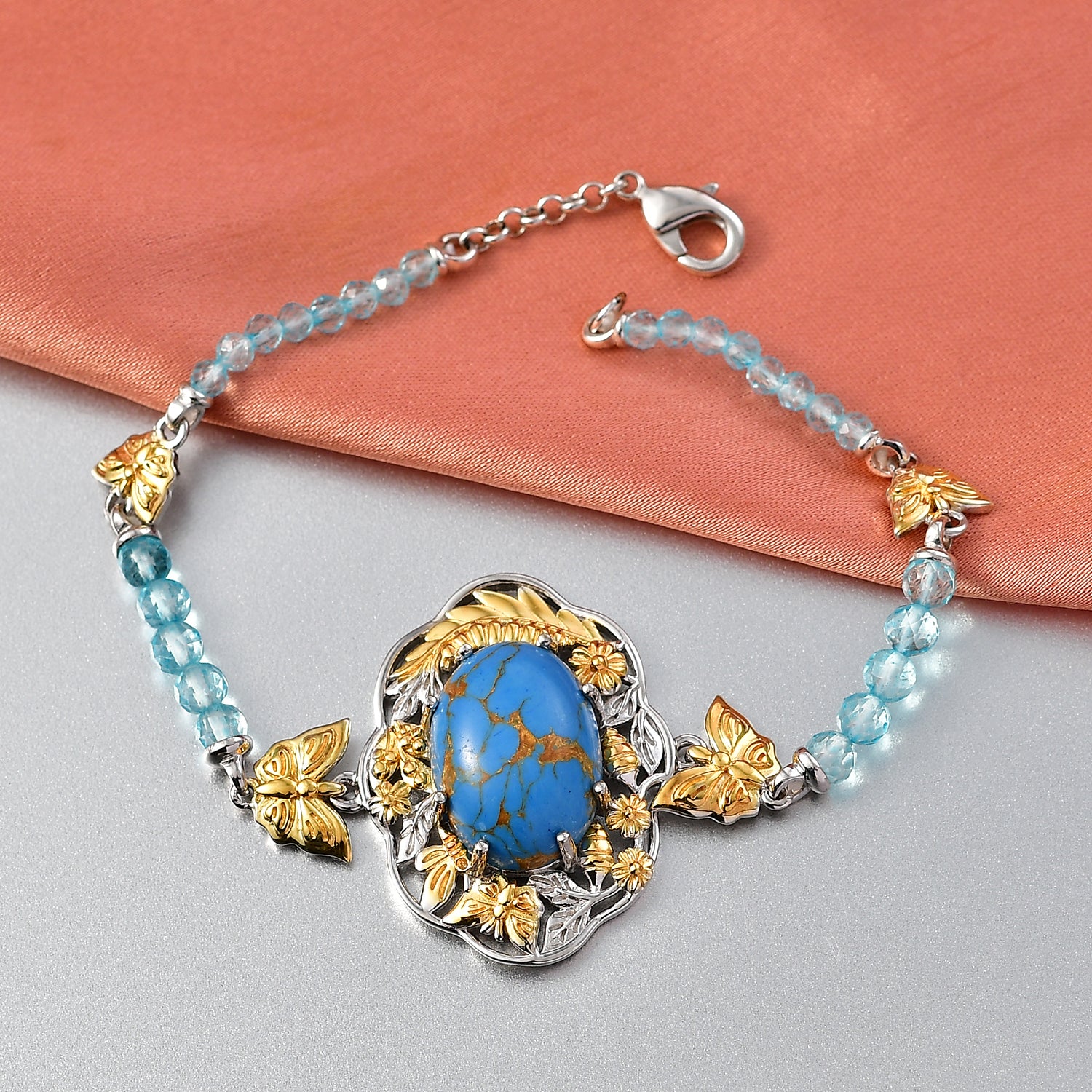 EVER TRUE AAA Blauer Mojave Türkis, Apatit Armband ca. 19 cm Nickelfreies Messing Zweifarbige Beschichtung ca. 17.30 ct