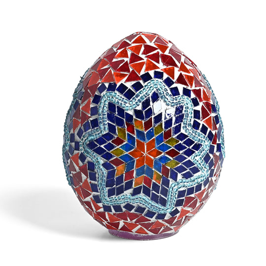 Mosaik Tischleuchte aus Glas und Eisen, Kugeldesign, 15 x 23 cm, Blau-Orange