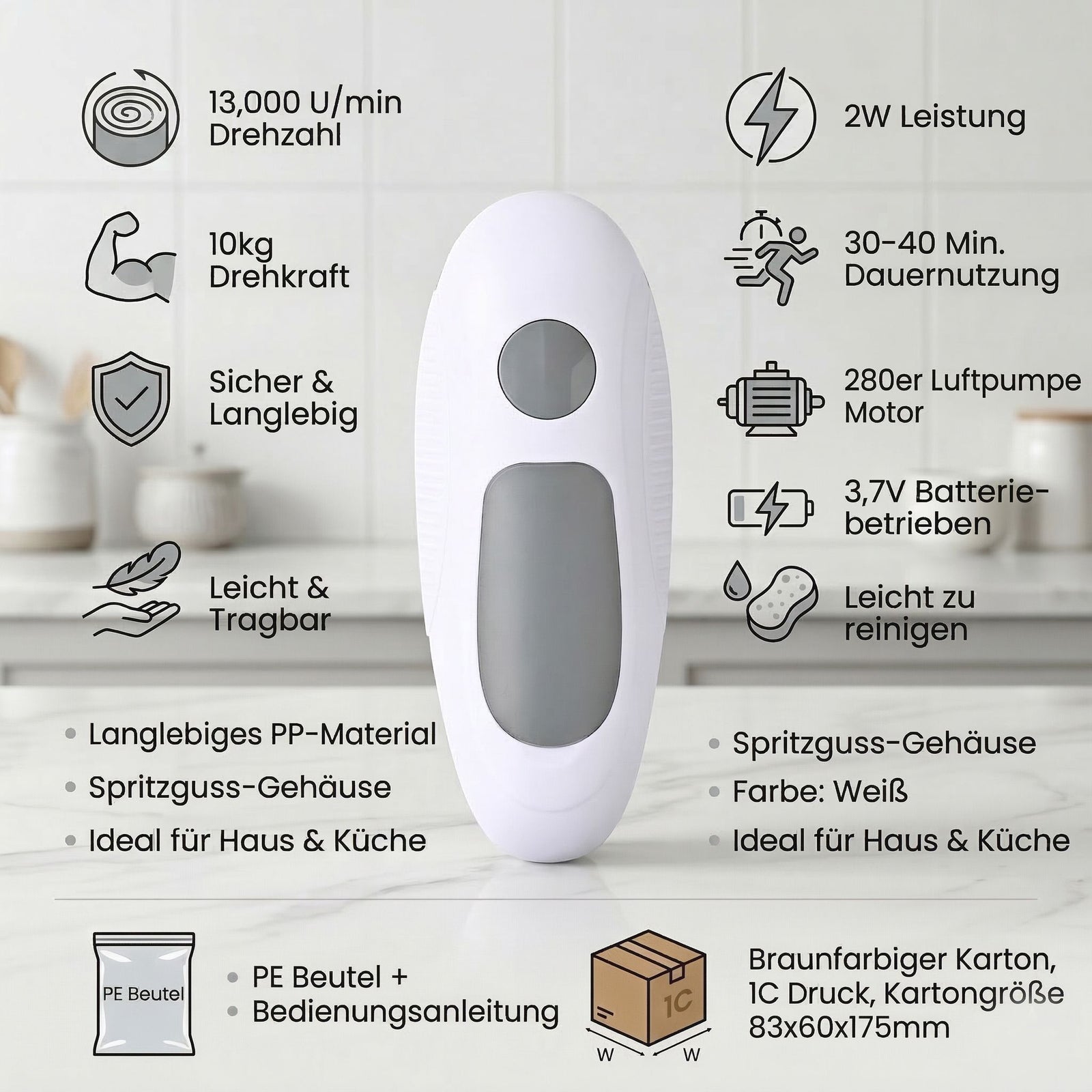 Elektrischer Dosenöffner, 3.7 Volt, kompakt, Weiß