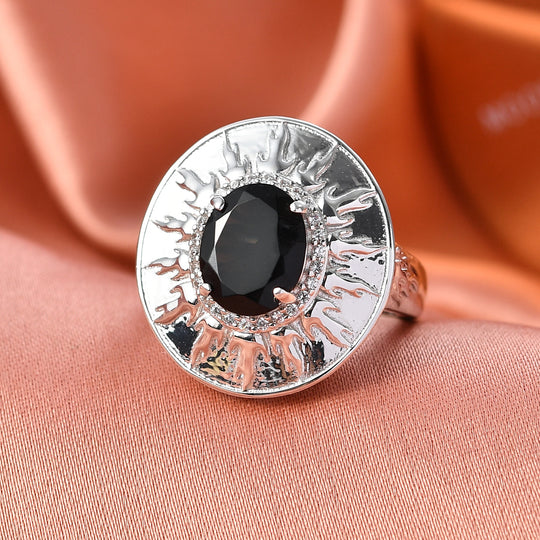 EVER TRUE AA Natürlich Schwarzer Obsidian, Weißer Zirkon Ring Nickelfreies Messing (Größe 21.00) ca. 2.39 ct