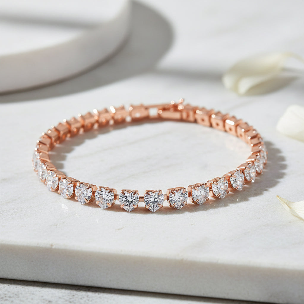 Designer inspiriert - Weißer Zirkonia Herz-Armband ca. 19 cm Nickelfreies Messing, rosévergoldet