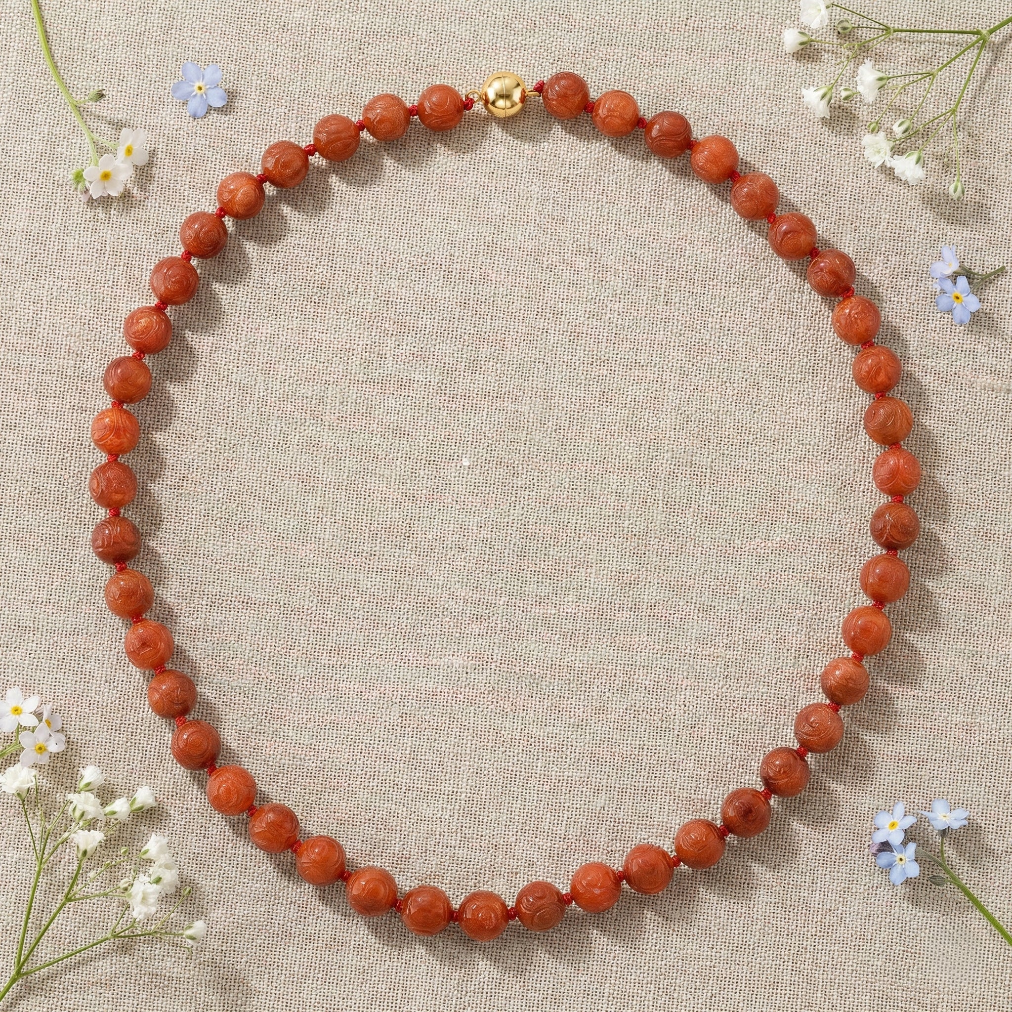 D'Joy Burmesischer Rote Jadeit Jade graviert Halskette ca. 50 cm 925 Silber vergoldet ca. 330.00 ct