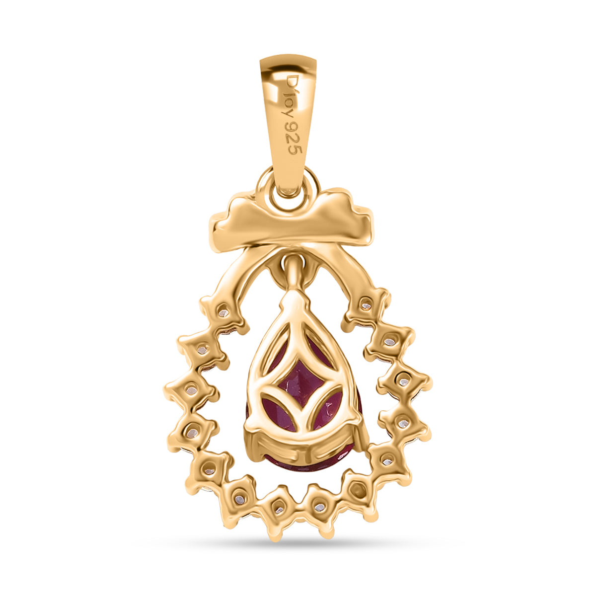D'Joy Afrikanischer Rubin (Fissure gefüllt), Weißer Zirkon Anhänger 925 Silber 750 Gelb Vergoldet ca. 1,26 ct.
