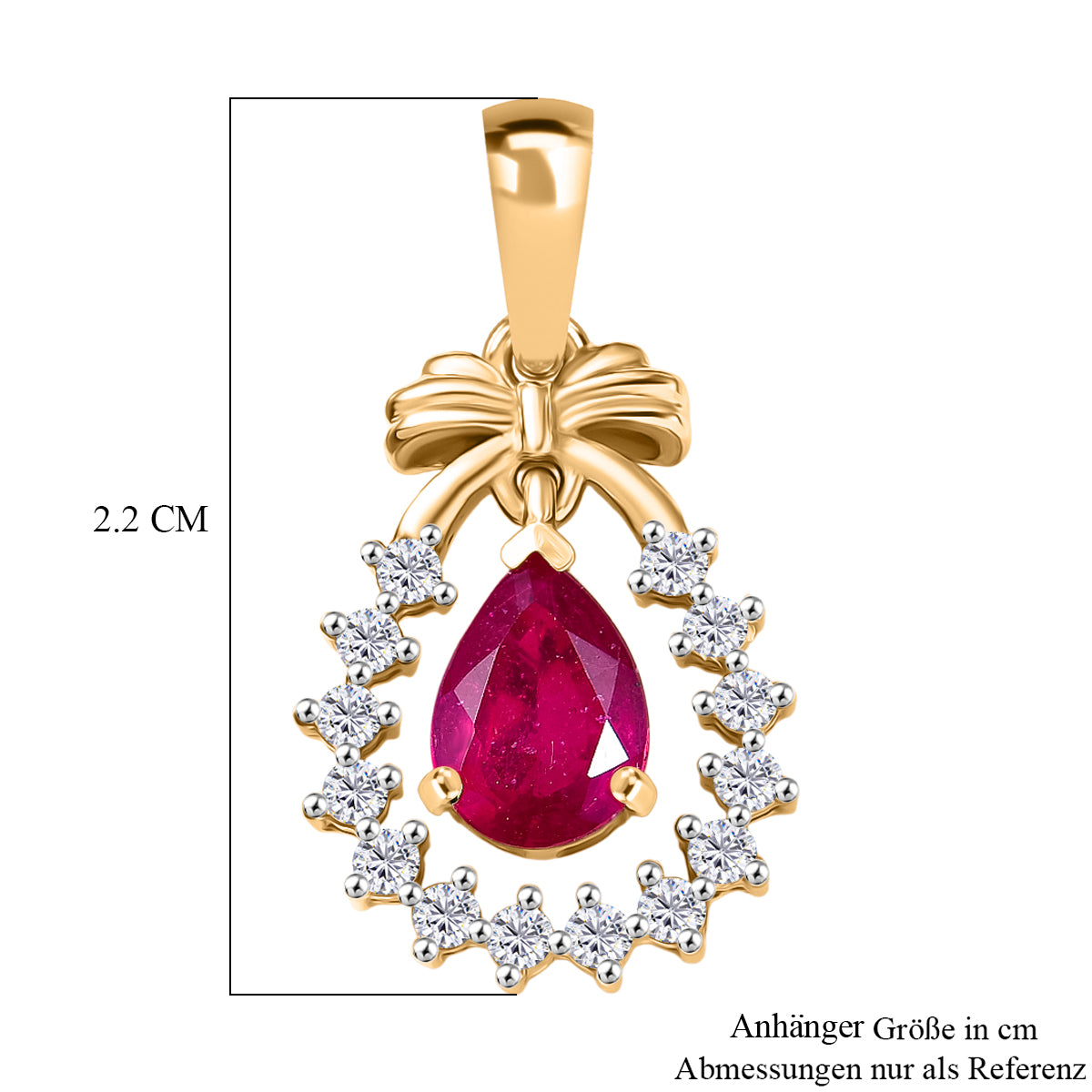 D'Joy Afrikanischer Rubin (Fissure gefüllt), Weißer Zirkon Anhänger 925 Silber 750 Gelb Vergoldet ca. 1,26 ct.
