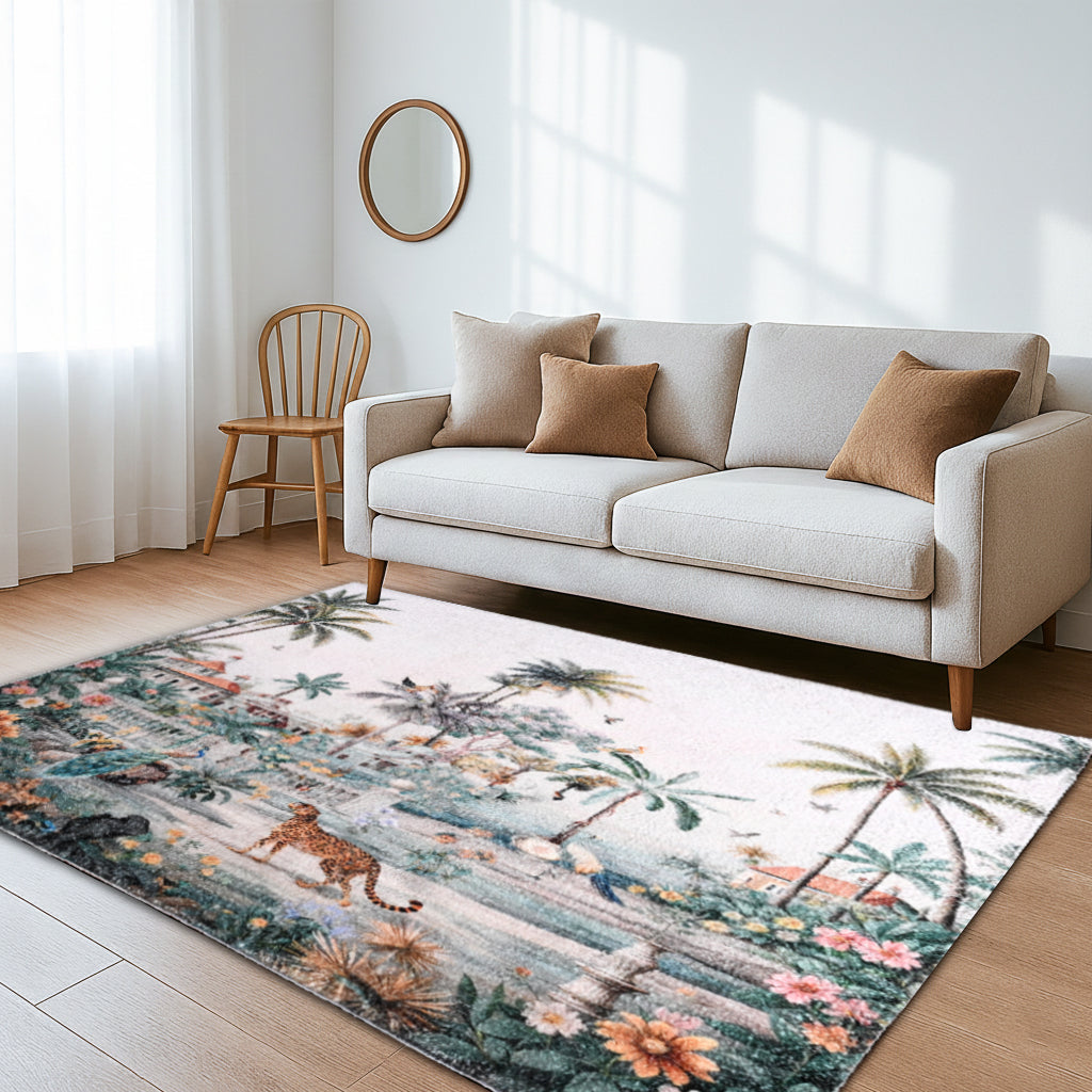 Digital bedruckter Teppich mit Blumen- und Landschaftsmuster, Baumwoll-Polyester-Mischgewebe, rutschhemmende Rückseite, 120x180cm, Mehrfarbig