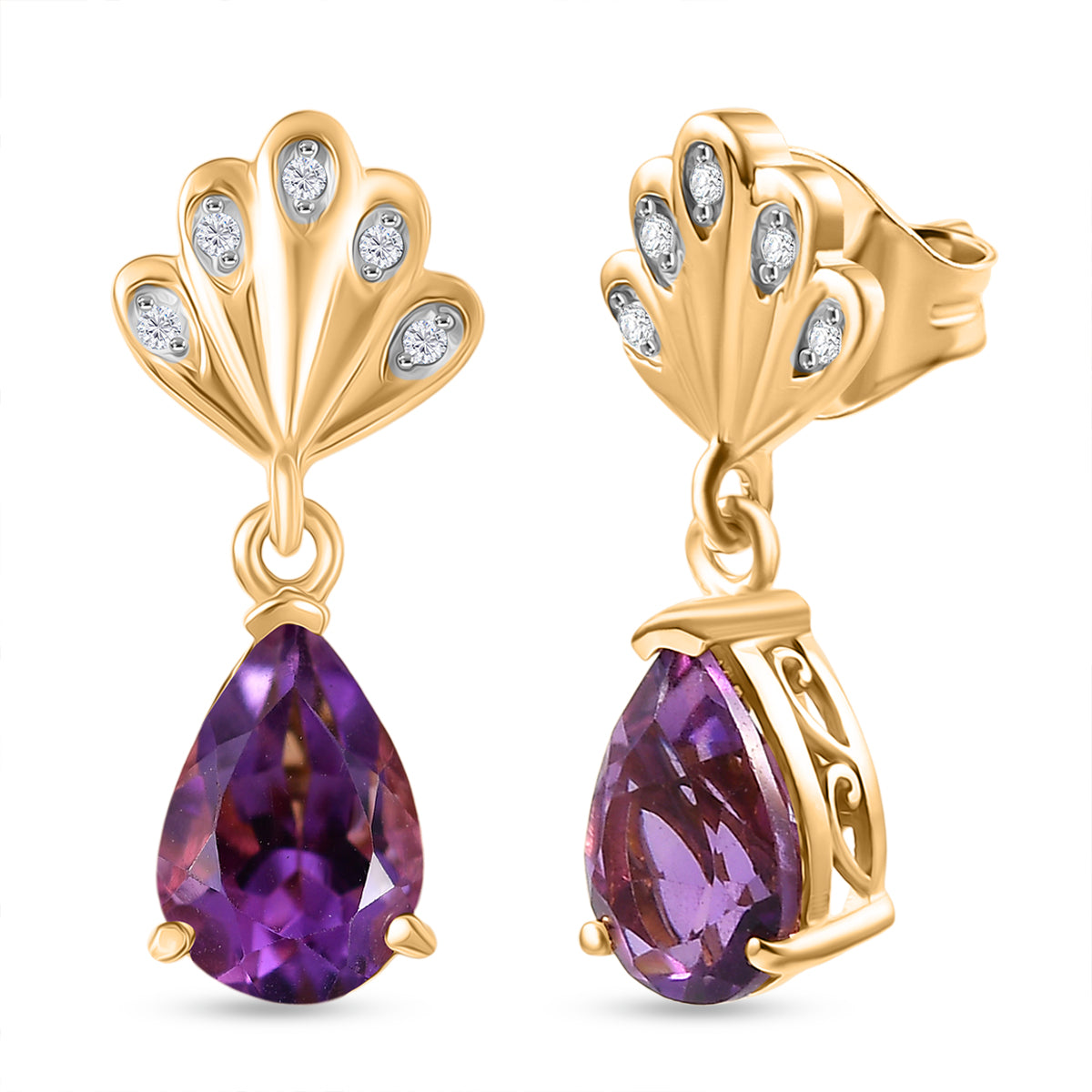 D'Joy AAA Rose De France Amethyst, Weißer Zirkon Ohrringe 925 Silber 750 Gelb Vergoldet ca. 2,45 ct.