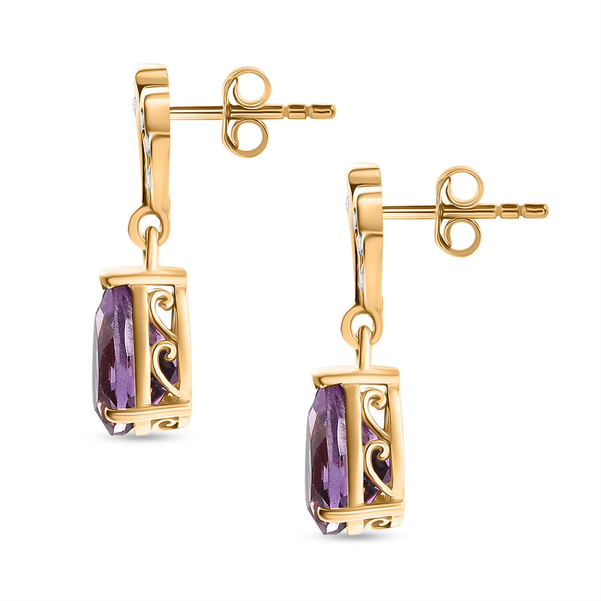 D'Joy AAA Rose De France Amethyst, Weißer Zirkon Ohrringe 925 Silber 750 Gelb Vergoldet ca. 2,45 ct.
