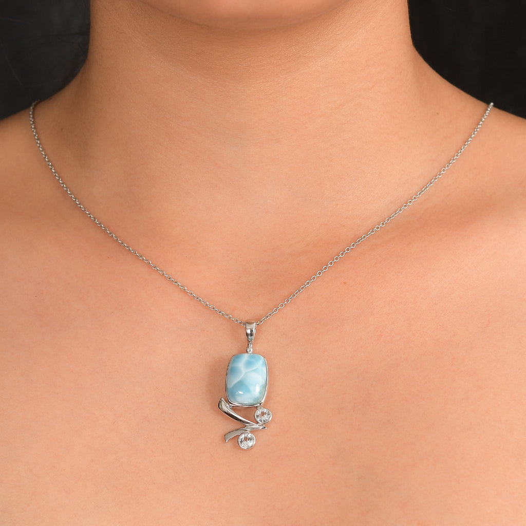 Sajen Silber-Larimar, Weißer Topas Anhänger 925 Silber rhodiniert ca. 11.10 ct