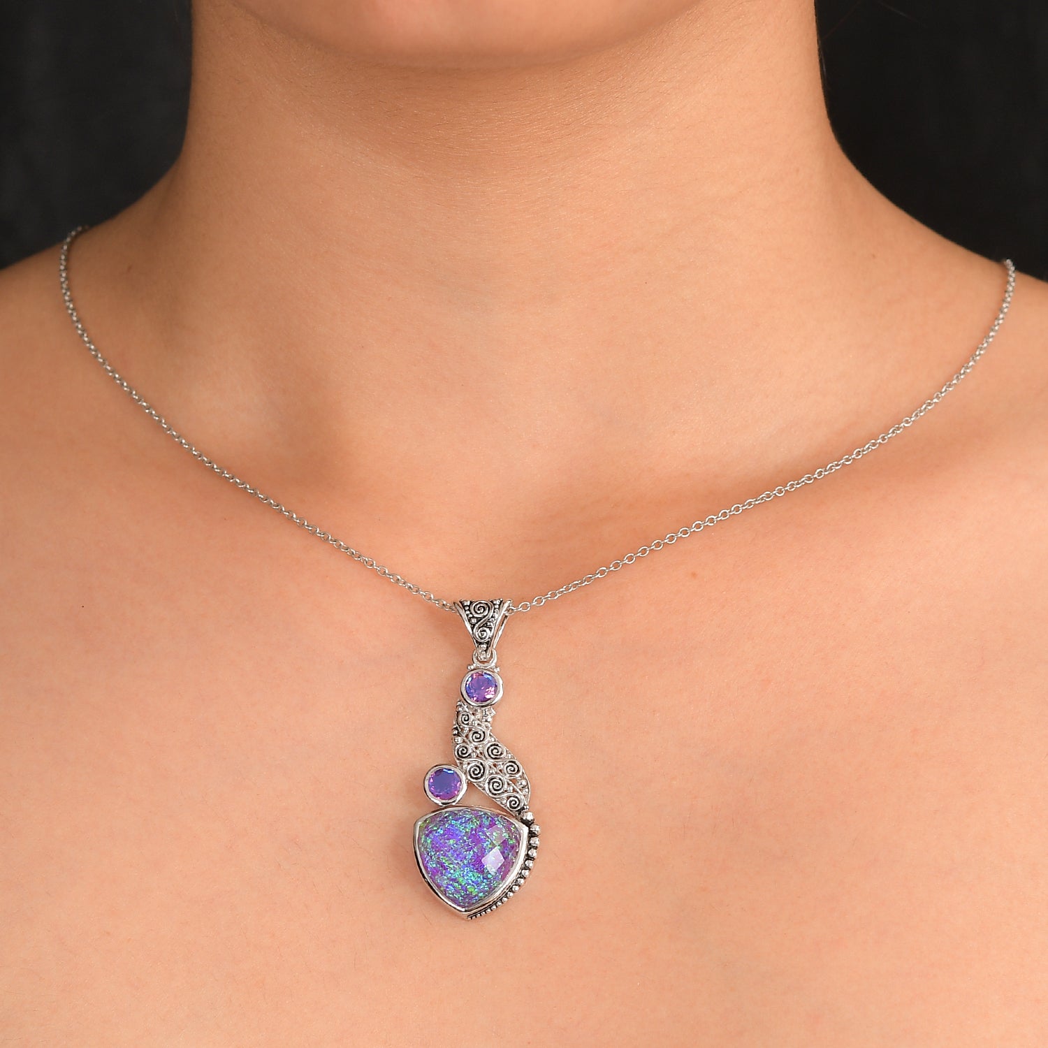 Sajen Silber - Opal Dublett, Regenbogen Lavendel Anhänger 925 Silber rhodiniert ca. 12.60 ct