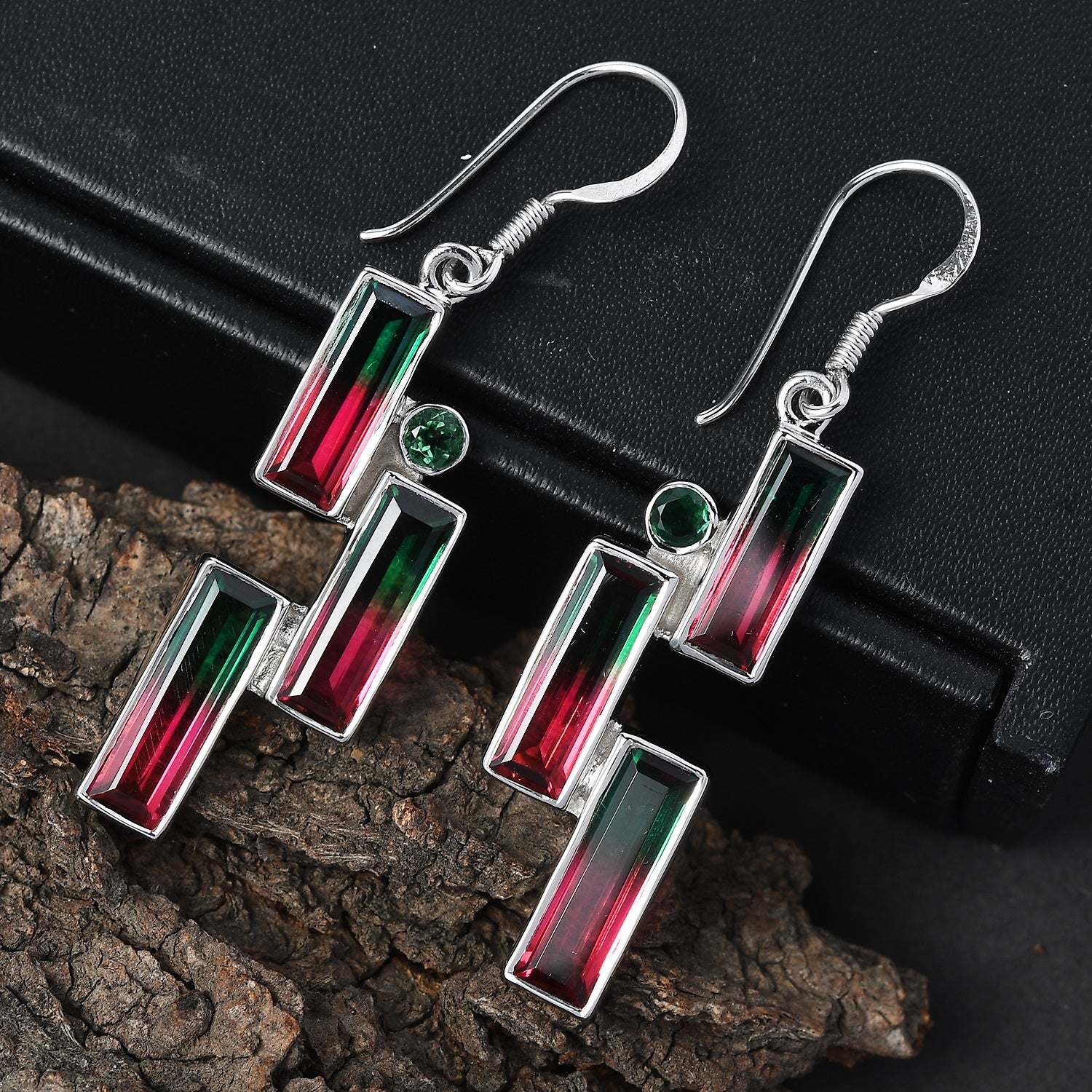 Sajen Silber - Wassermelonen Quarz Triplette, Quarz Triplette Ohrringe 925 Silber rhodiniert ca. 12.32 ct