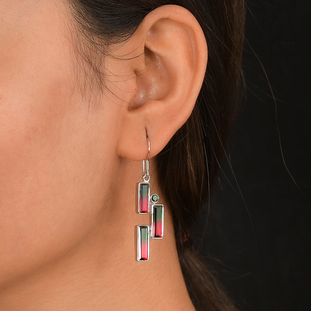Sajen Silber-Wassermelonen Quarz Triplette, Quarz Triplette Ohrringe 925 Silber rhodiniert ca. 12.32 ct