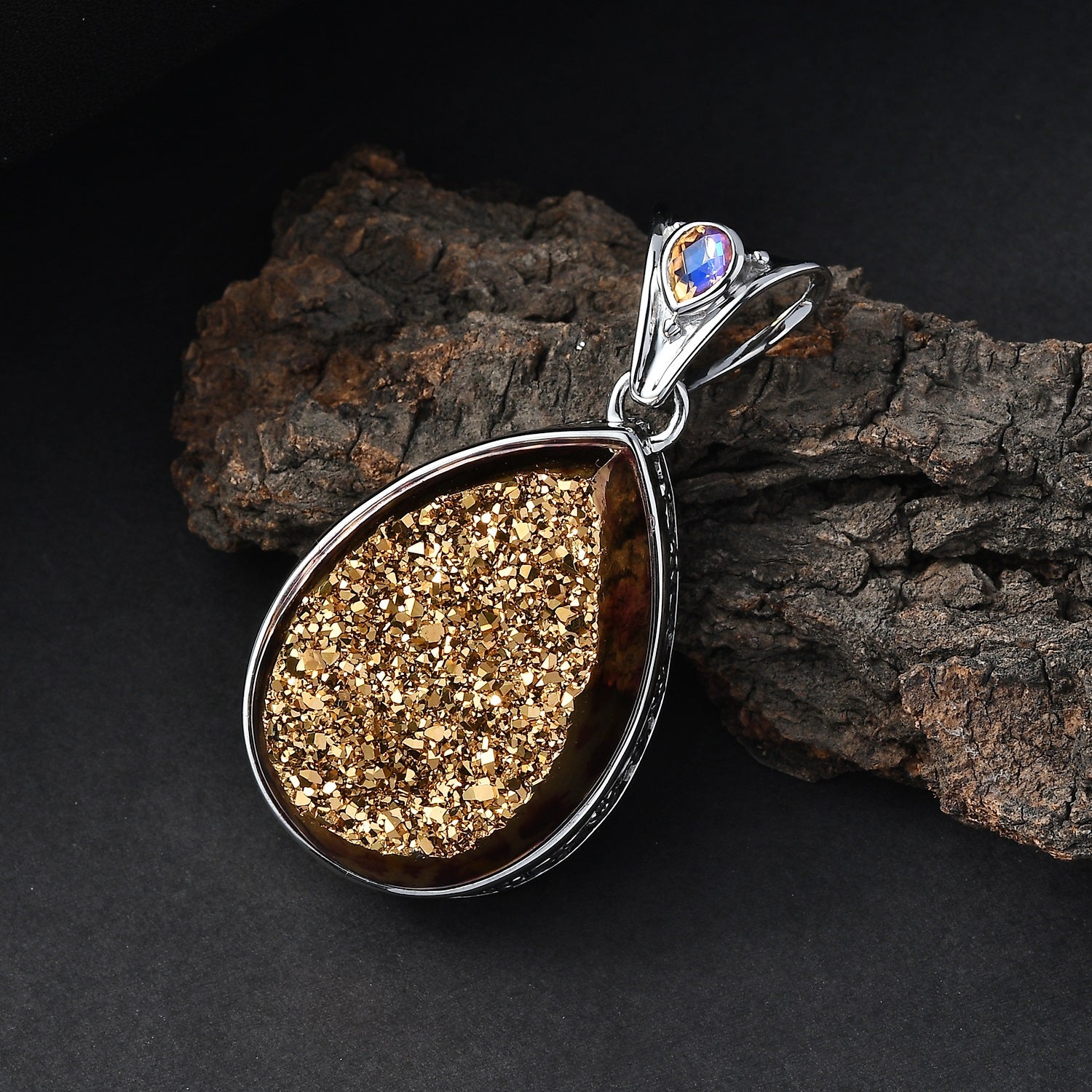 Sajen Silber-Fenster Drusy Astral Leopard Gold, Regenbogen Champagner mystischer Quartz Anhänger 925 Silber rhodiniert ca. 45.70 ct