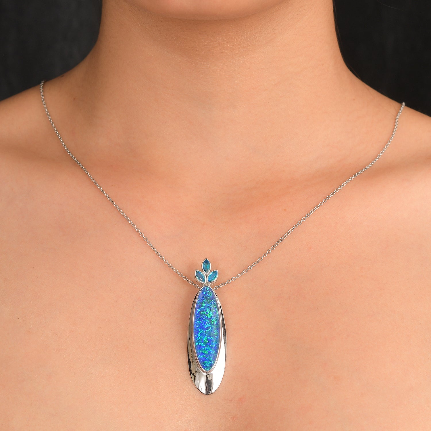 Sajen Silber-Opal Dublett, Paraiba Quarz Triplette Anhänger 925 Silber rhodiniert ca. 19.30 ct