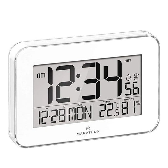 CLOSE OUT DEAL MARATHON Designer Atom-Wanduhr mit Temperatur, Luftfeuchtigkeitsanzeige, Kalender, Alarm und Schlummerfunktion, Silber
