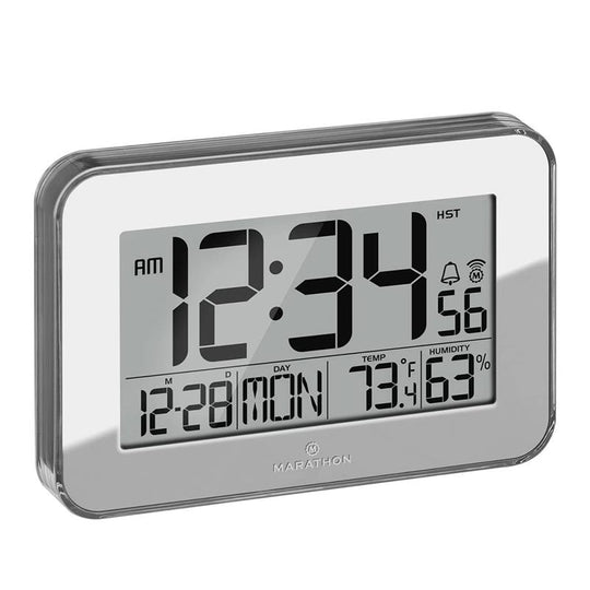 CLOSE OUT DEAL MARATHON Designer Atom-Wanduhr mit Temperatur, Luftfeuchtigkeitsanzeige, Kalender, Alarm und Schlummerfunktion, Silber