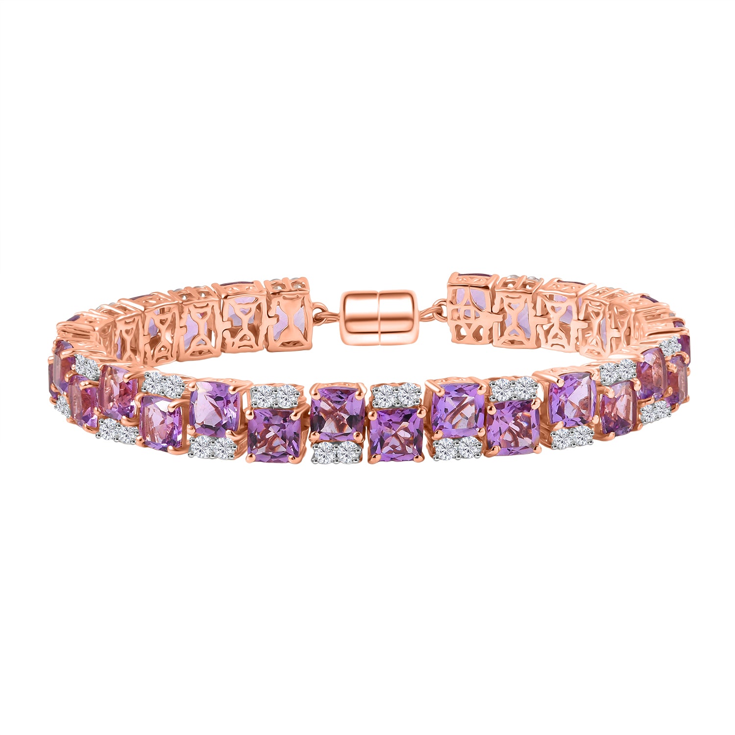D'Joy AAA Rose De France Amethyst, Weißer Zirkon Armband ca. 19 cm 925 Silber 750 Roségold Vermeil ca. 38,92 ct.