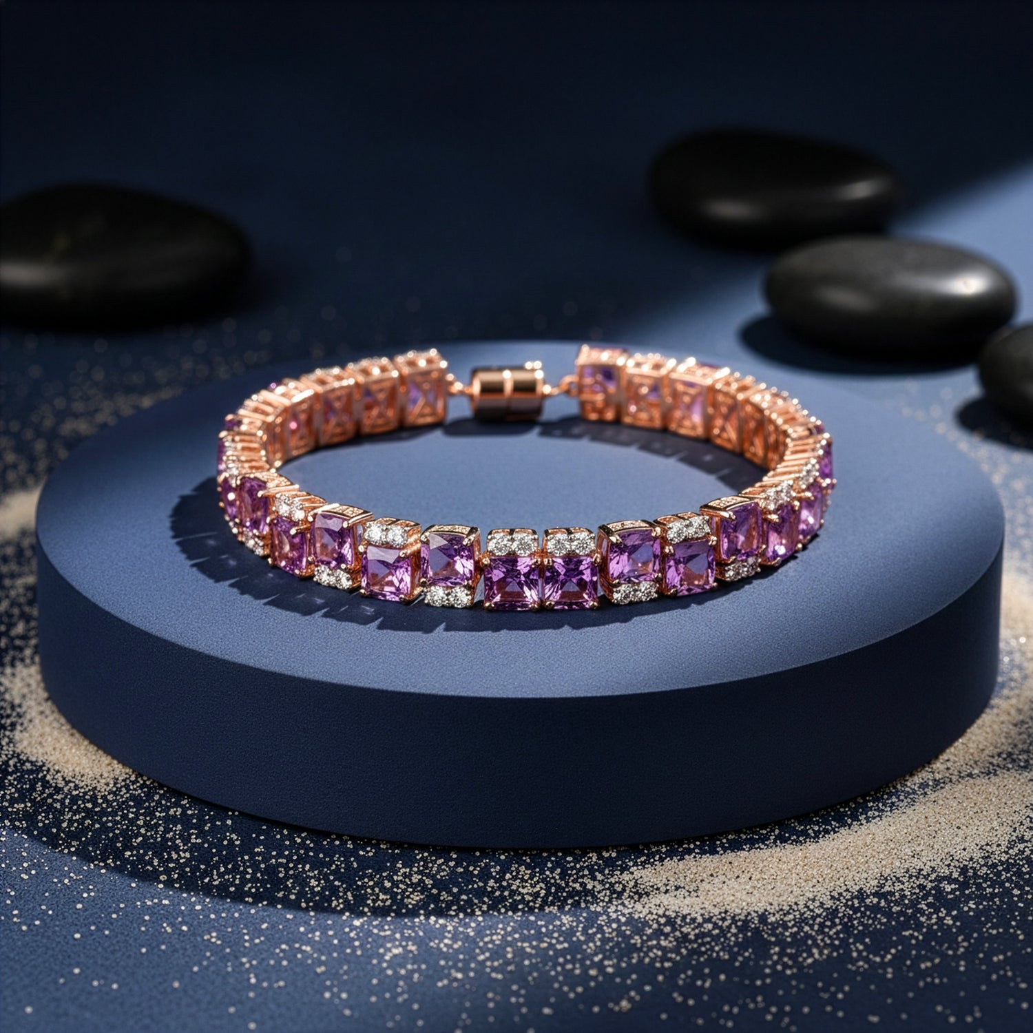 D'Joy AAA Rose De France Amethyst, Weißer Zirkon Armband ca. 19 cm 925 Silber 750 Roségold Vermeil ca. 38,92 ct.
