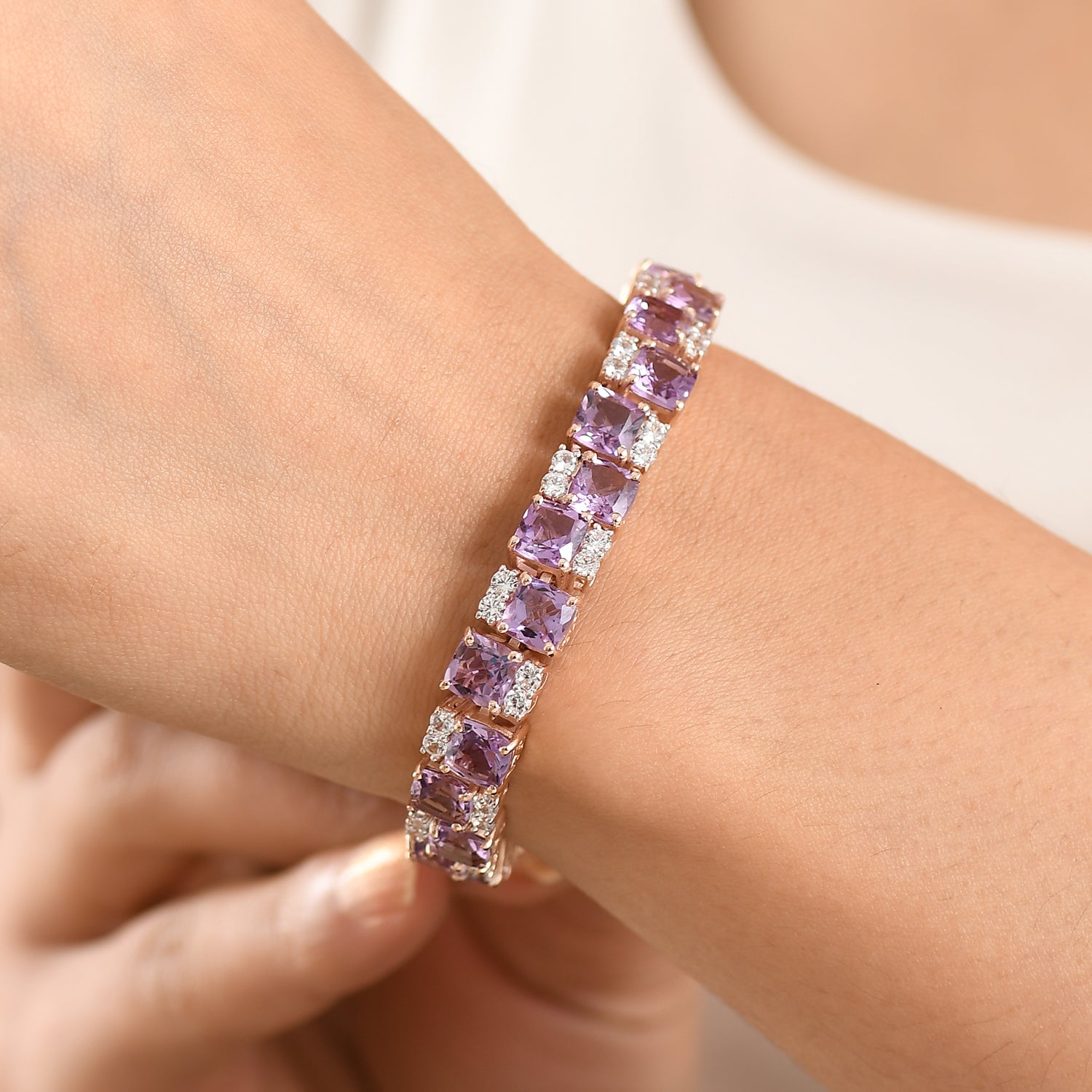 D'Joy AAA Rose De France Amethyst, Weißer Zirkon Armband ca. 19 cm 925 Silber 750 Roségold Vermeil ca. 38,92 ct.