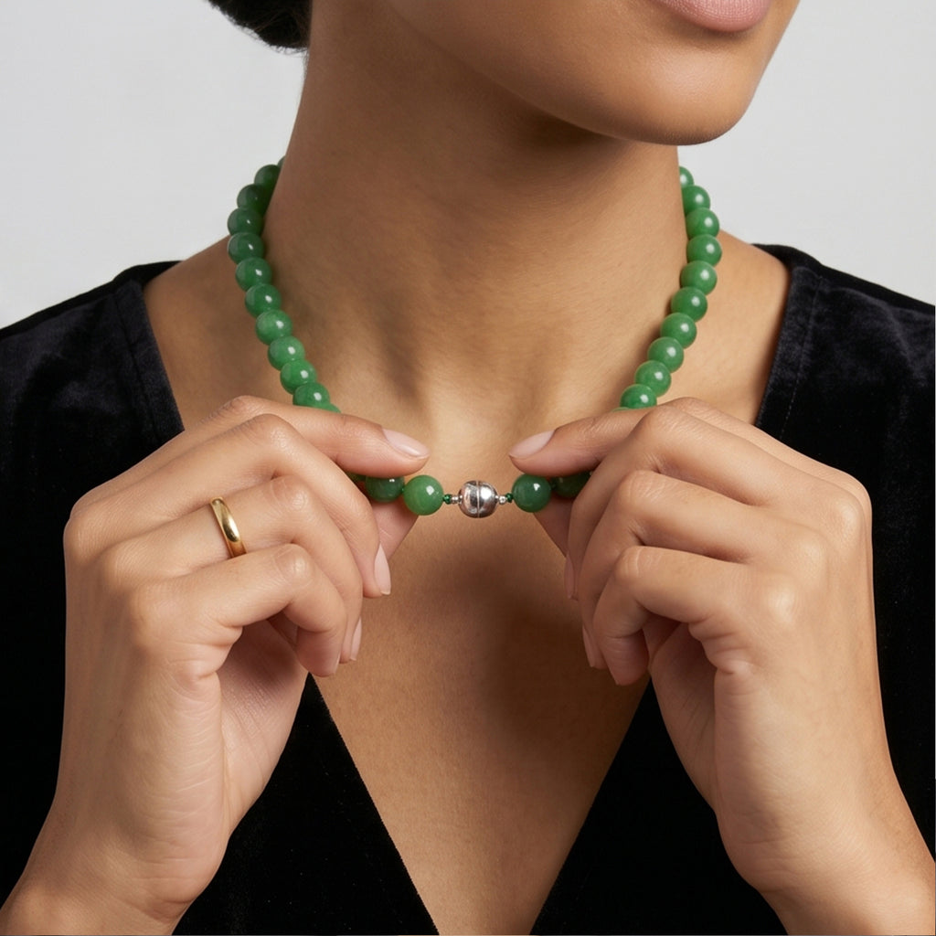 D'Joy Grüne Jade Halskette ca. 50 cm 925 Silber Rhodiniert ca. 300.00 ct