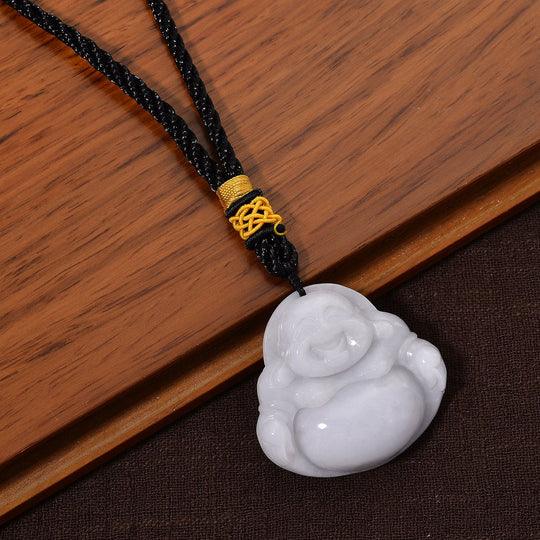 Lachender-Buddha-Design Hängedekoration aus natürlichem burmesischem Jadeit Typ A, ca. 45 mm