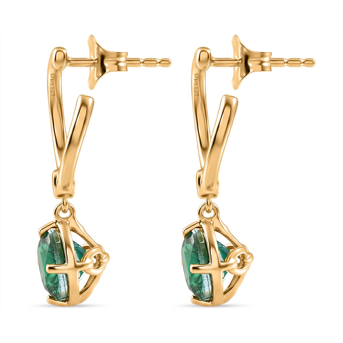 D'Joy Smaragd-Quarz Triplette, Weißer Zirkon Ohrringe 925 Silber 750 Gelb Vergoldet ca. 3,12 ct.