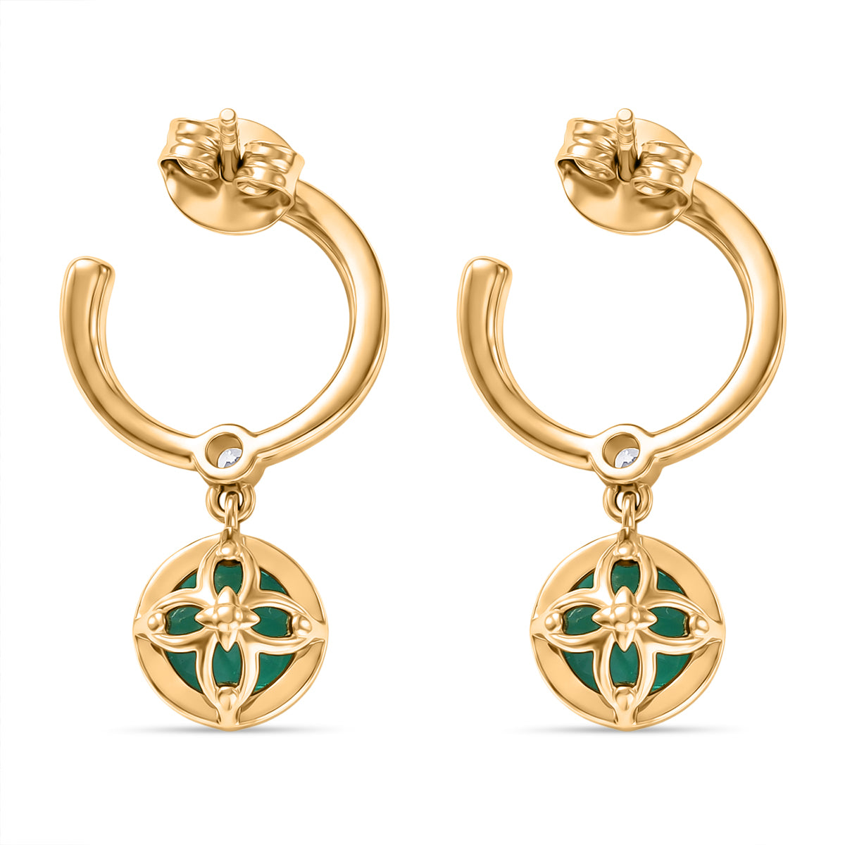 D'Joy Smaragd-Quarz Triplette, Weißer Zirkon Ohrringe 925 Silber 750 Gelb Vergoldet ca. 3,12 ct.