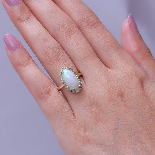 LUXURIANT - AAA Natürlicher, äthiopischer Welo Opal, Lab Grown Grüner Diamant Ring 925 Silber 750 Gelbgold vermeil (Größe 17.00) ca. 3,77 ct