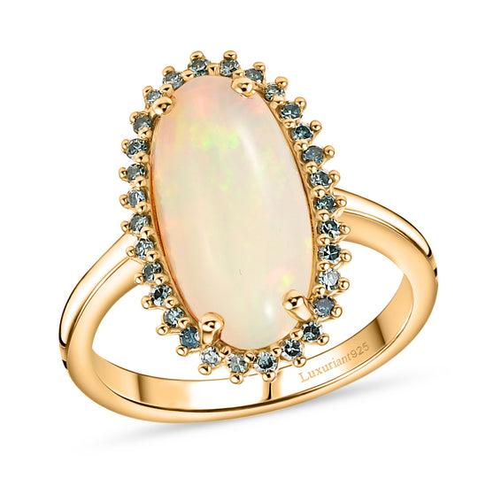 LUXURIANT - AAA Natürlicher, äthiopischer Welo Opal, Lab Grown Grüner Diamant Ring 925 Silber 750 Gelbgold vermeil (Größe 17.00) ca. 3,77 ct