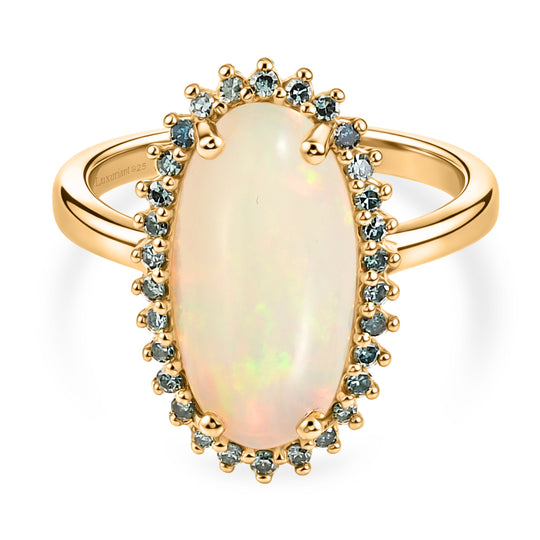LUXURIANT - AAA Natürlicher, äthiopischer Welo Opal, Lab Grown Grüner Diamant Ring 925 Silber 750 Gelbgold vermeil (Größe 17.00) ca. 3,77 ct