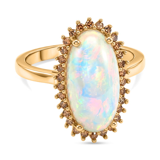 LUXURIANT - AAA Natürlicher, äthiopischer Welo Opal, Lab Grown Roter Diamant Ring 925 Silber 750 Gelbgold Vermeil (Größe 21.00) ca. 3.77 ct
