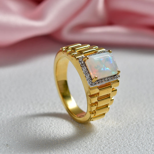 D'Joy Natürlicher, äthiopischer Welo Opal, Weißer Zirkon Ring 925 Silber 750 Gelbgold Vermeil (Größe 20.00) ca. 1,66 ct