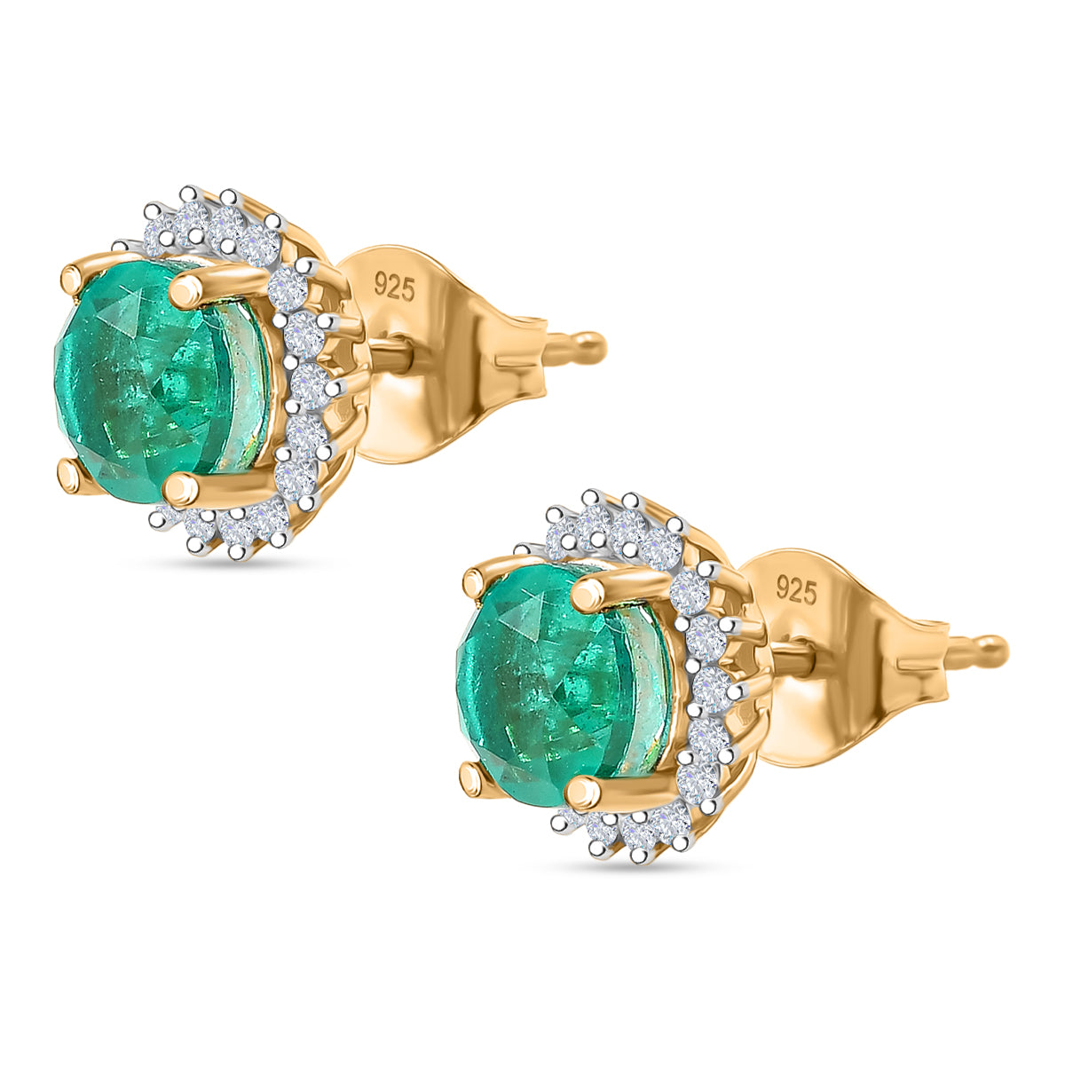 D'Joy Smaragd-Quarz Triplette, Weißer Zirkon Ohrringe 925 Silber Gelbes Gold ca. 2,80 ct.