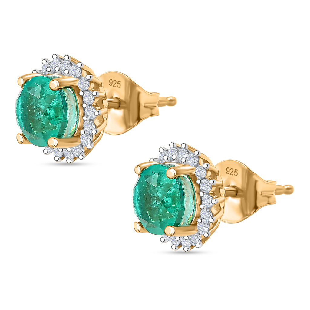D'Joy Smaragd-Quarz Triplette, Weißer Zirkon Ohrringe 925 Silber Gelbes Gold ca. 2,80 ct.