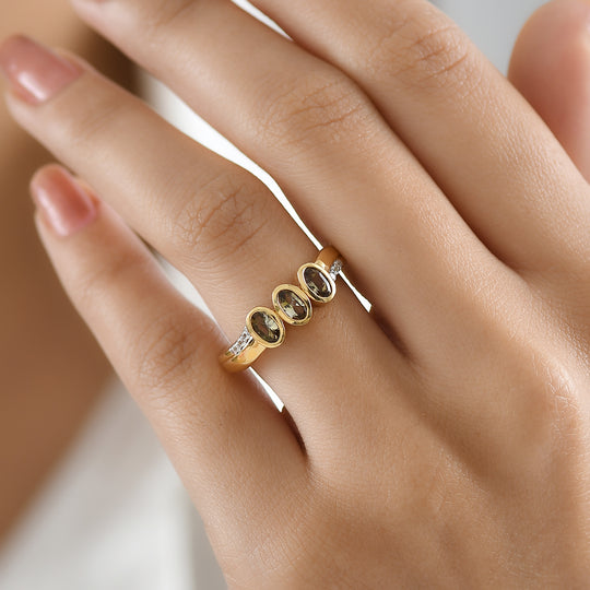 D'Joy AA Natürlicher goldener Tansanit, Weißer Zirkon Ring 925 Silber 750 Vergoldet (Größe 18.00) ca. 0.77 ct