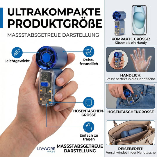 LIVMORE Hochgeschwindigkeits-Taschenventilator, LED-Licht, 3000mAh Akku, 6 Geschwindigkeitsstufen, Lila