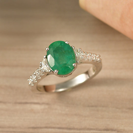 D'Joy AA Kagem Sambischer Smaragd, Moissanit Ring 925 Silber Rhodiniert (Größe 17.00)   (10-16 Werktage Lieferzeit) ca. 2,35 ct