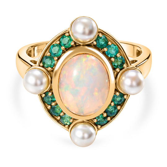 D'Joy Natürlicher, äthiopischer Welo Opal, Perle (4 mm) Ring 925 Silber 750 Gelbgold Vermeil (Größe 21.00)