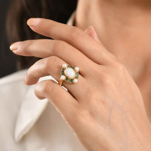 D'Joy Natürlicher, äthiopischer Welo Opal, Perle (4 mm) Ring 925 Silber 750 Gelbgold Vermeil (Größe 21.00)