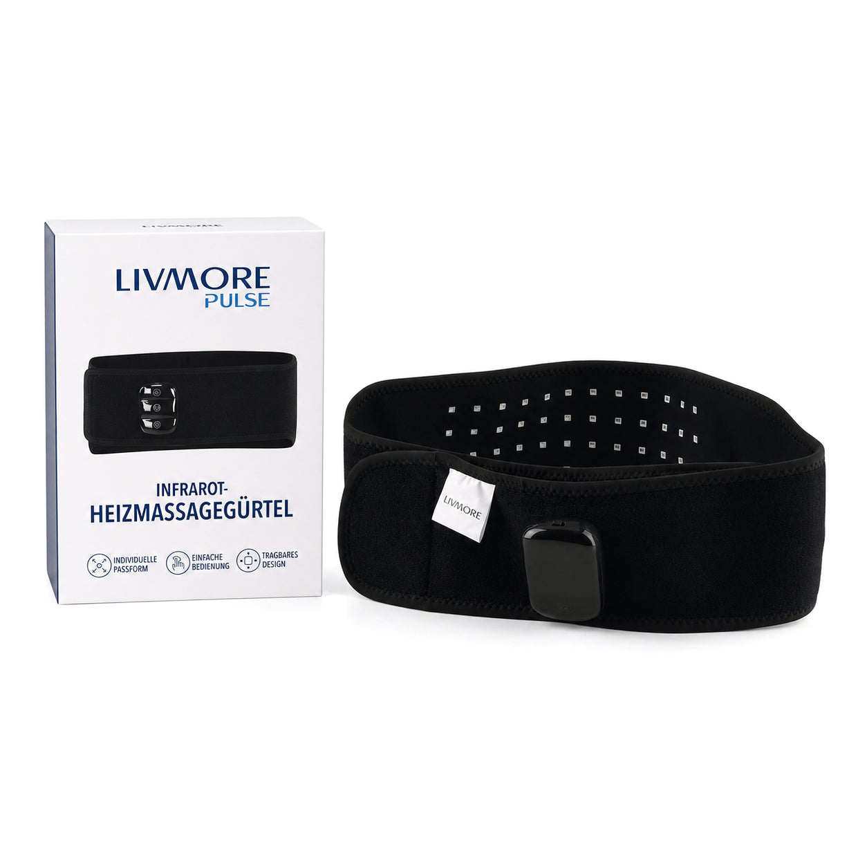 Livmore 4109 Infrared heat & vibration massage belt-black Size : 118*14.5cm Weight : 0.28kgs Color: Black Material : fleece  Voltage : 5V Function: Heating and vibration Power : 5W Built-in battery:  2500mAh rechargeable battery Charging method: USB char