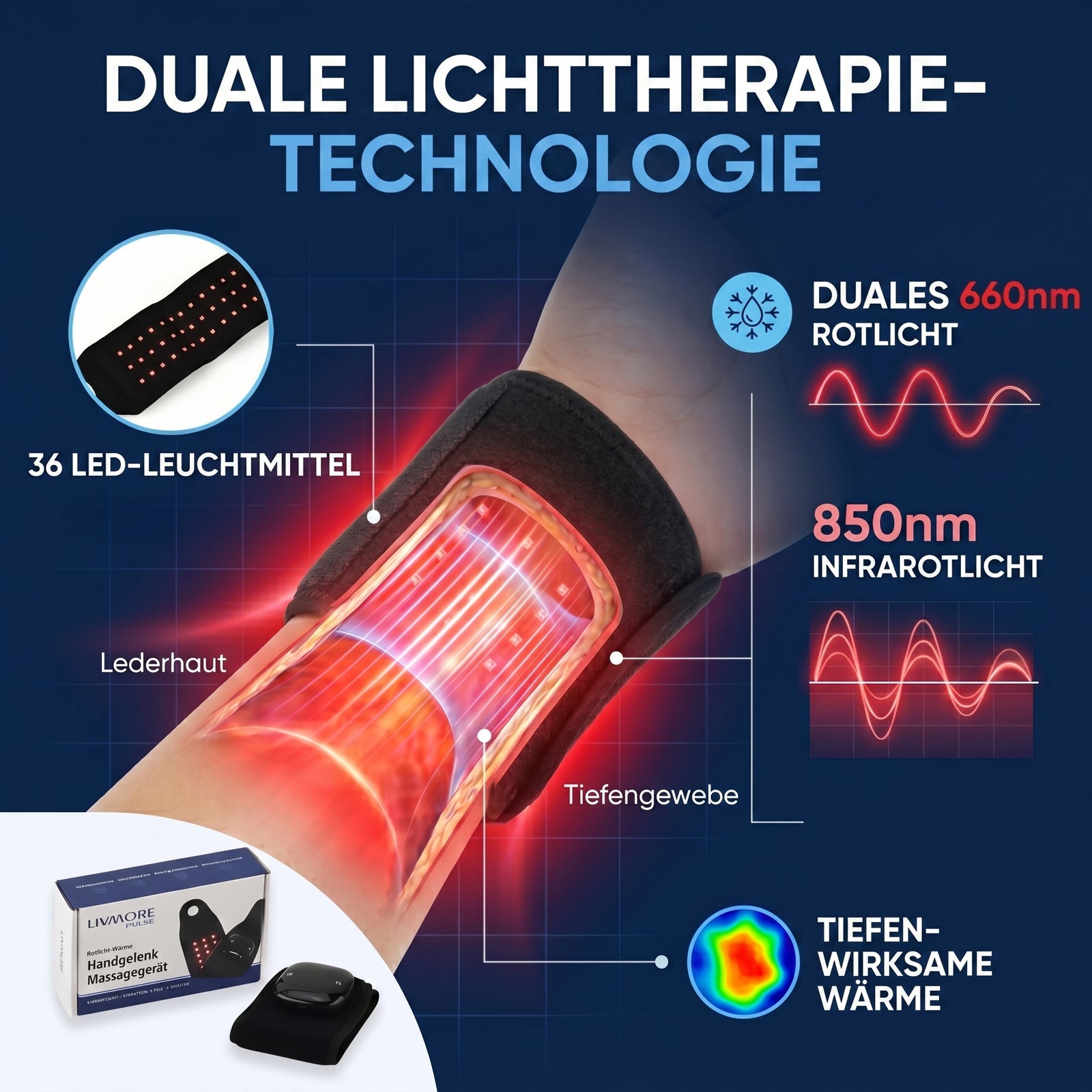 LIVMORE Handgelenkbandage mit Rotlicht und Infrarotlicht, 660nm und 850nm, Neopren, 41x9cm, Schwarz