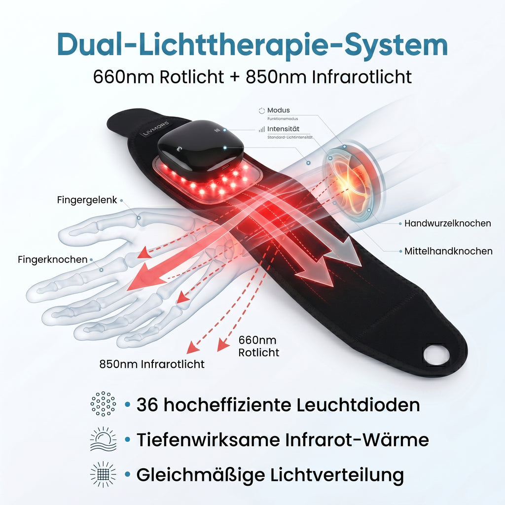 LIVMORE Handgelenkbandage mit Rotlicht und Infrarotlicht, 660nm und 850nm, Neopren, 41x9cm, Schwarz