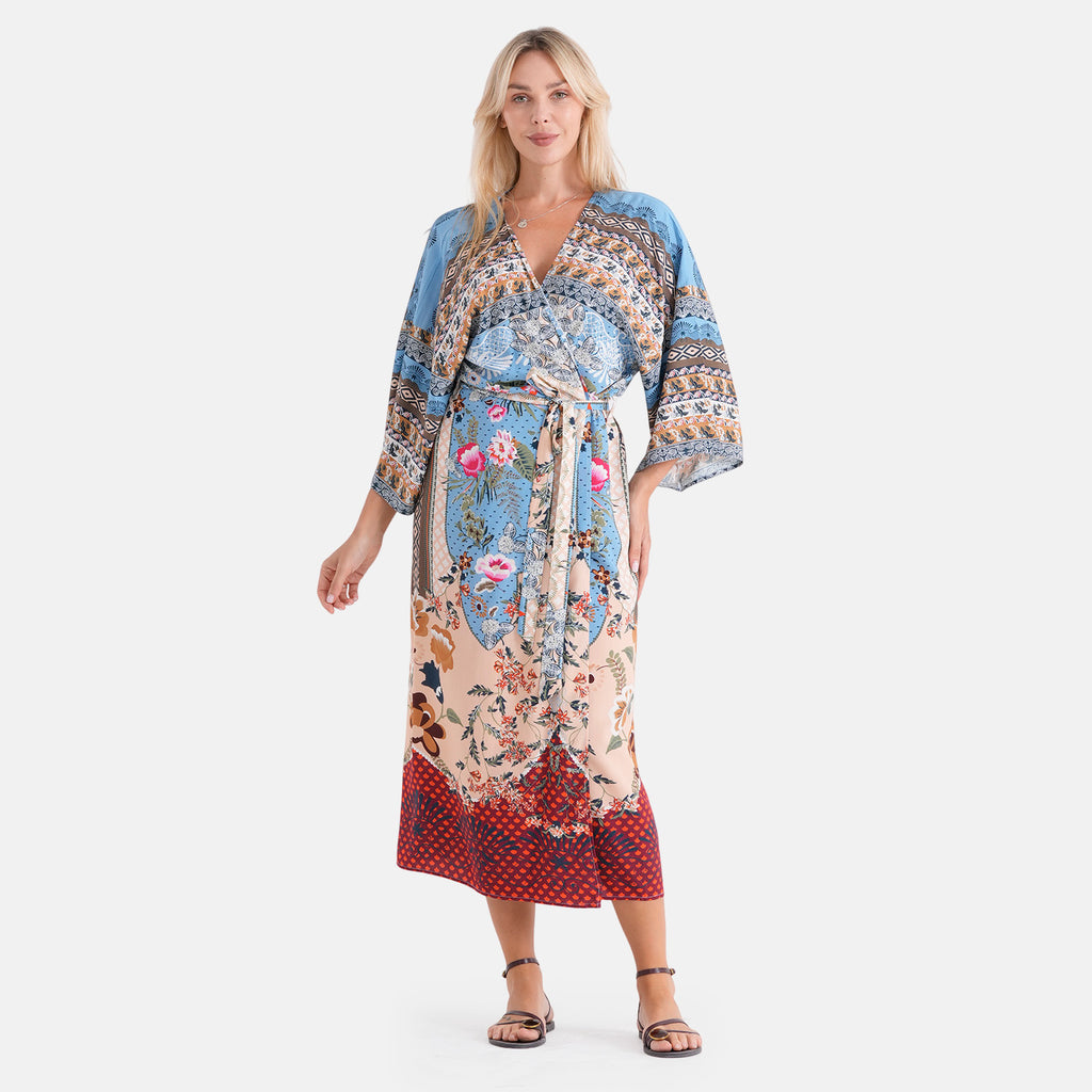LA MAREY Kimono mit Vogel- und Blumenprint 100% Viskose Einheitsgröße 128 cm Länge, passend für Große 36-44, Beige