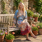 LA MAREY Kimono mit Vogel- und Blumenprint 100% Viskose Einheitsgröße 128 cm Länge, passend für Große 36-44, Beige