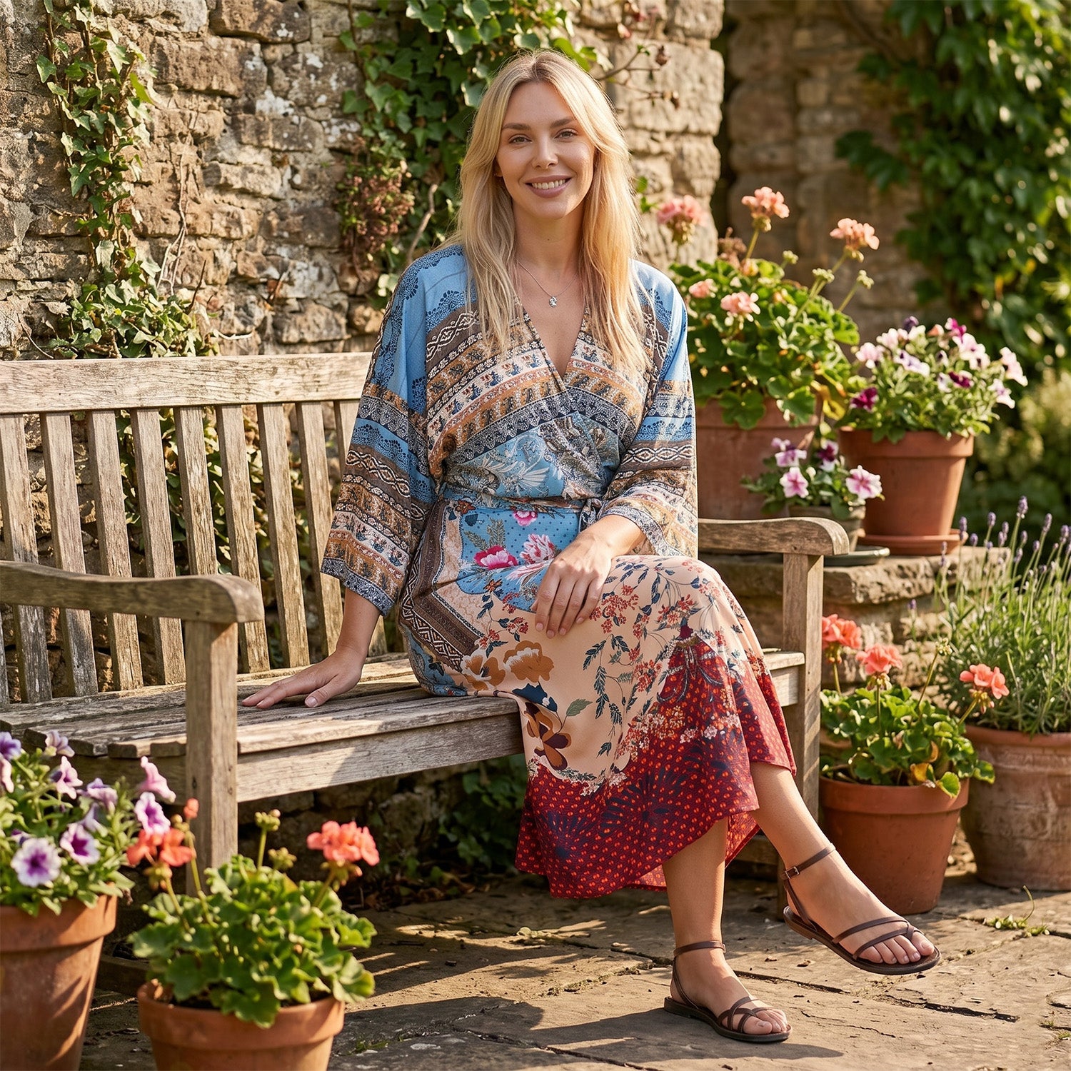 LA MAREY Kimono mit Vogel- und Blumenprint 100% Viskose Einheitsgröße 128 cm Länge, passend für Große 36-44, Beige