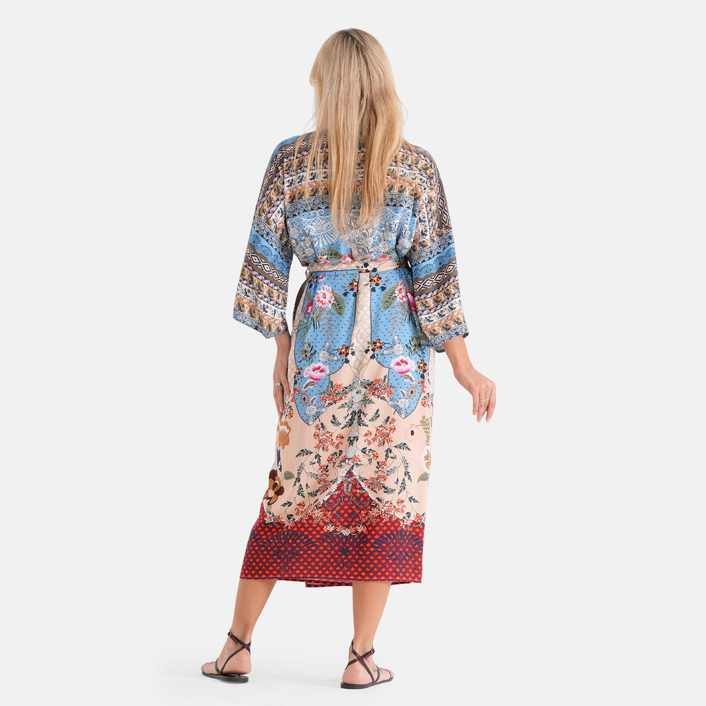 LA MAREY Kimono mit Vogel- und Blumenprint 100% Viskose Einheitsgröße 128 cm Länge, passend für Große 36-44, Beige