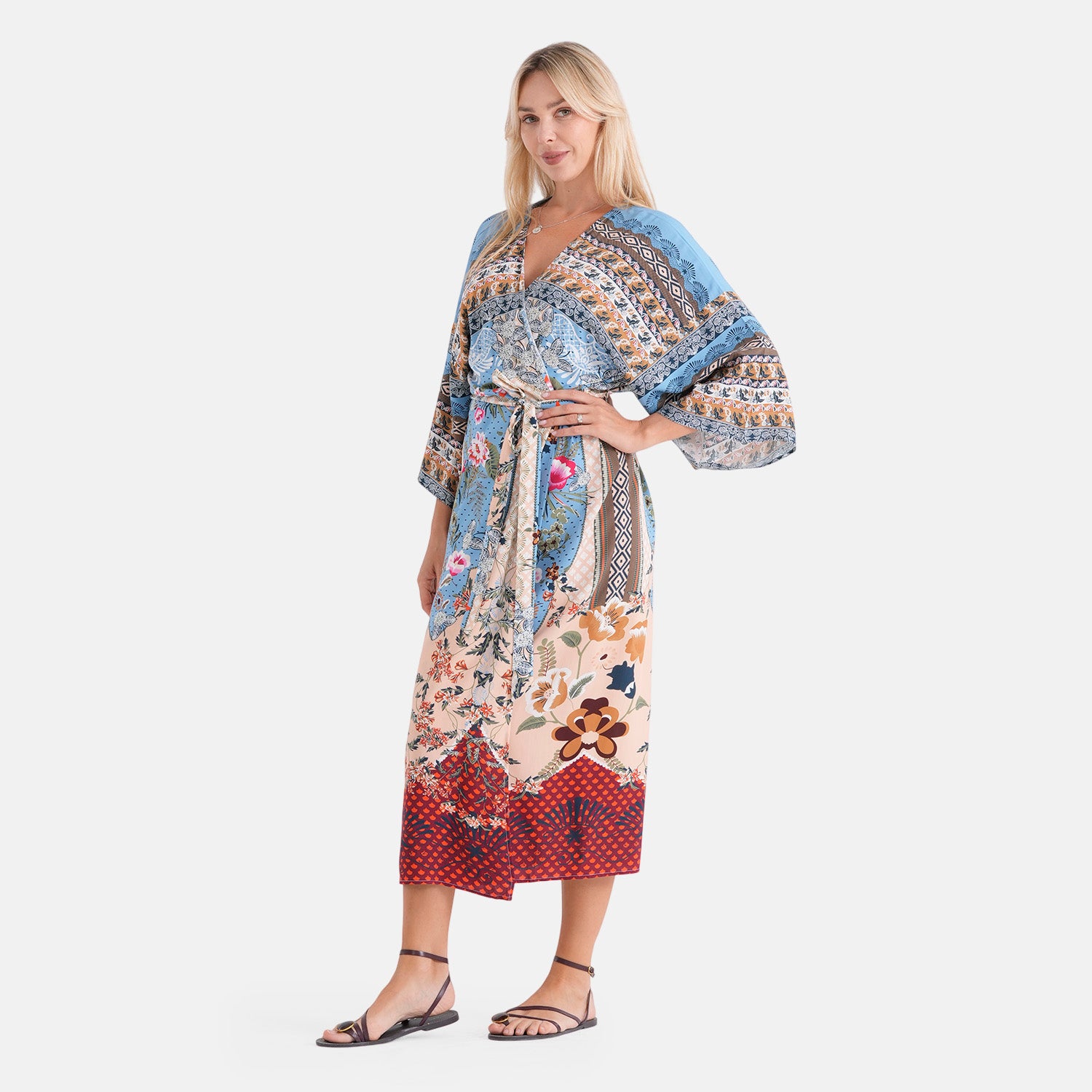LA MAREY Kimono mit Vogel- und Blumenprint 100% Viskose Einheitsgröße 128 cm Länge, passend für Große 36-44, Beige