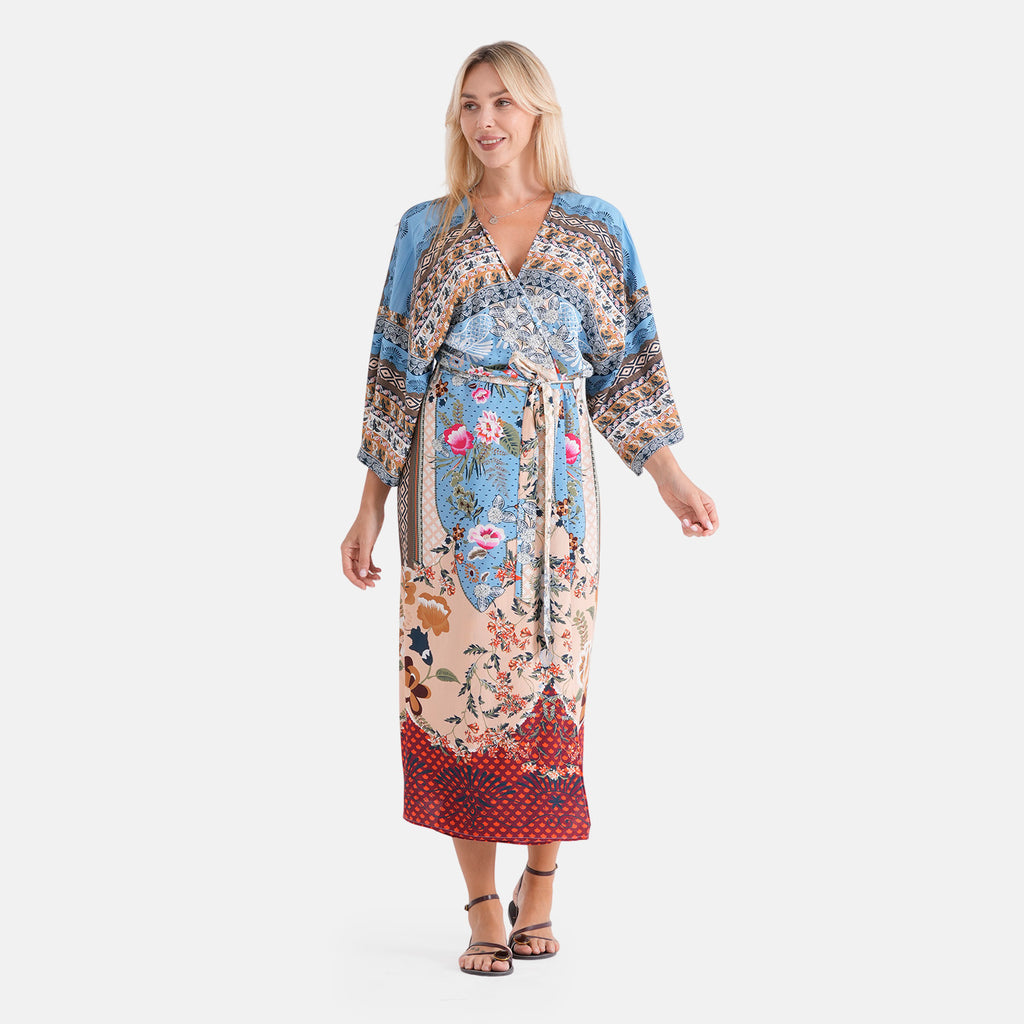 LA MAREY Kimono mit Vogel- und Blumenprint 100% Viskose Einheitsgröße 128 cm Länge, passend für Große 36-44, Beige