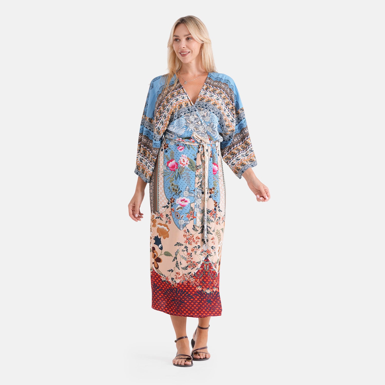 LA MAREY Kimono mit Vogel- und Blumenprint 100% Viskose Einheitsgröße 128 cm Länge, passend für Große 36-44, Beige
